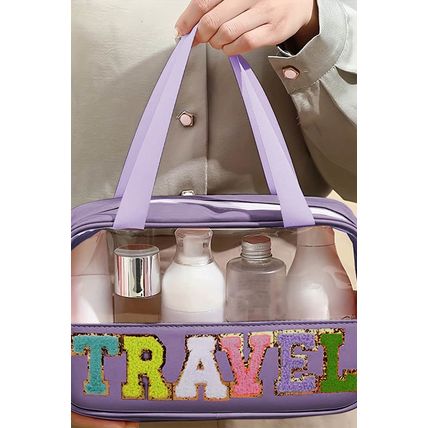 Purple TRAVEL Chenille Letter Clear PVC Makeup Bag
