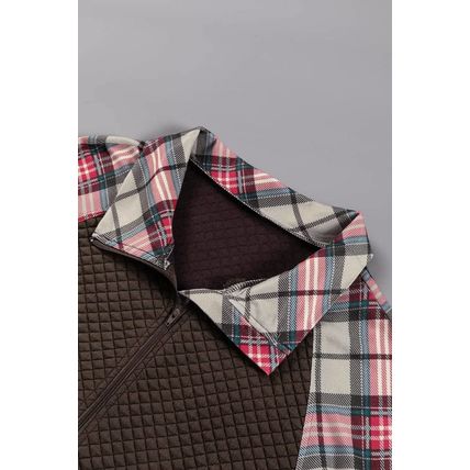 Khaki Printed Plaid Sleeve Patchwork Collared Textured Sweatshirt