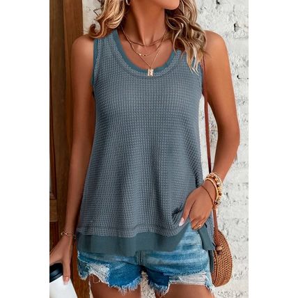 Real Teal Scoop Neck Waffle Knit Flowy Vest