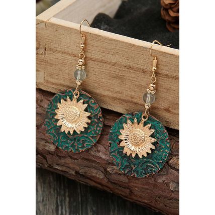 Real Teal Retro Sunflower Disc Alloy Dangle Earrings