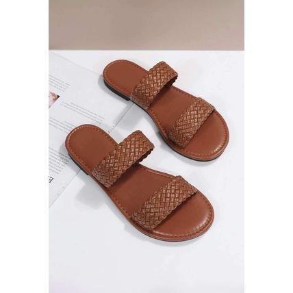 Chestnut Braided Double Band Leathered Flat Slippers