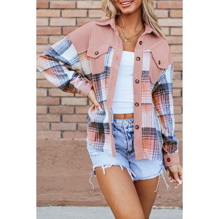 Light Pink Plaid Corduroy Patchwork Chest Pocket Shacket