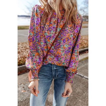 Purple Floral Allover Print Shirred Cuff Frilled O Neck Blouse