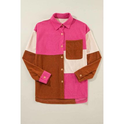 Rose Red Colorblock Curved Hem Corduroy Shacket with Pocket