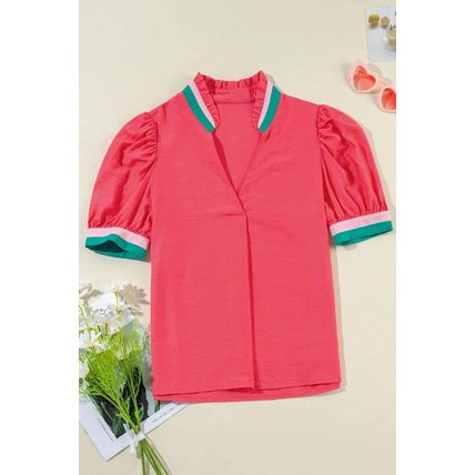 Carrot Colorful Trim V Neck Short Sleeve Blouse