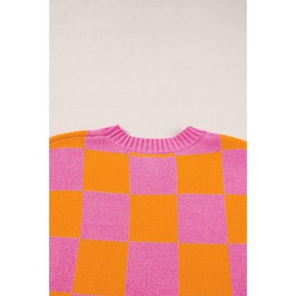 Strawberry Pink Colorblock Plaid Pattern Ribbed Trim Sweater Tank Top