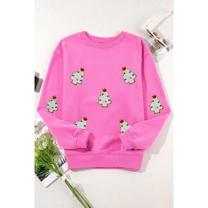 Bonbon Christmas Tree Patch Pattern Crew Neck Sweatshirt