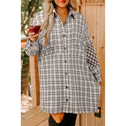 White Stripe Plus Size Plaid Buttoned Raw Hem Tunic Shirt Dress