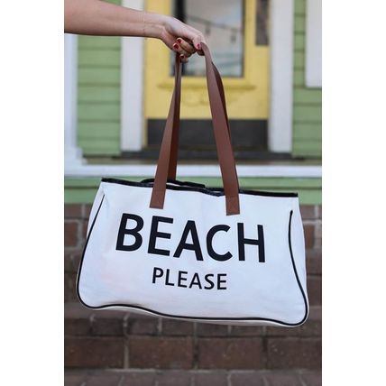 Bright White BEACH PLEASE Print Large Canvas Tote Bag