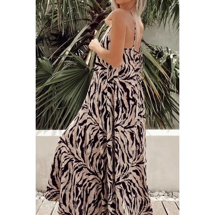 Black Abstract Print Open Back Boho Loose Maxi Sundress