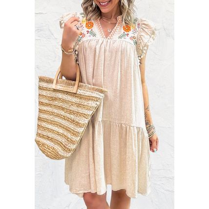Jet Stream Linen Embroidery Split Neck Pom Pom Ruffle Sleeves Flowy Short Dress