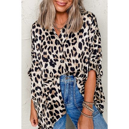 Beige Leopard Print Buttoned 3/4 Sleeve Loose Fit Shirt