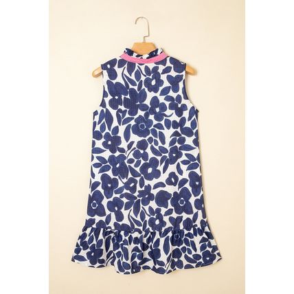 Blue Floral Sleeveless Colorblock Notched V Neck Mini Dress