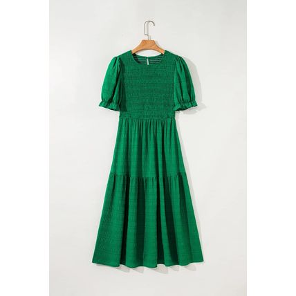 Dark Green Solid Textured Smocked Puff Short Sleeve High Waist Long Dress