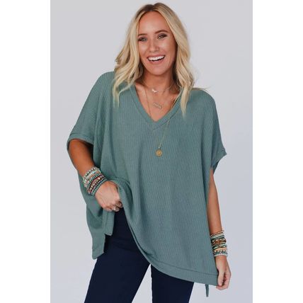 Moonlight Jade Oversized Ribbed Knit V Neck Dolman Short Sleeve Top
