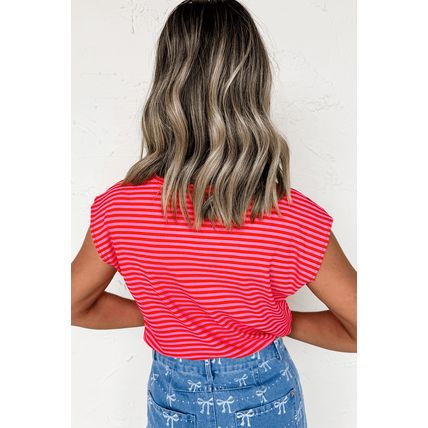 Red Stripe Sequin America Letter Patched Cap Sleeve Top