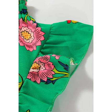 Green Floral Print Flutter Sleeve Frilly Neck Blouse