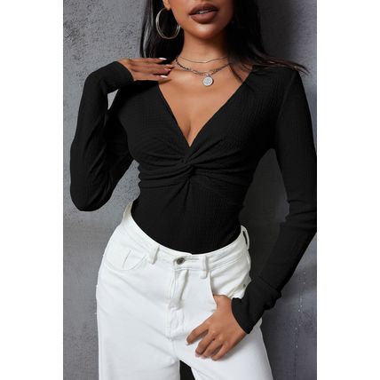 Black Textured Twist Front V Neck Long Sleeve Slim Solid Color Top