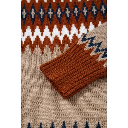 Khaki Aztec Print Colorblock Crew Neck Sweater