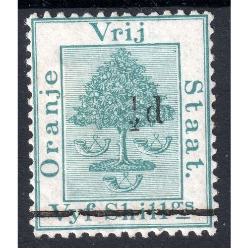1882 ORANGE FREE STATE Sg36 1/2d ON 5s GREEN MOUNTED MINT PAPER REMAINS (BT45)