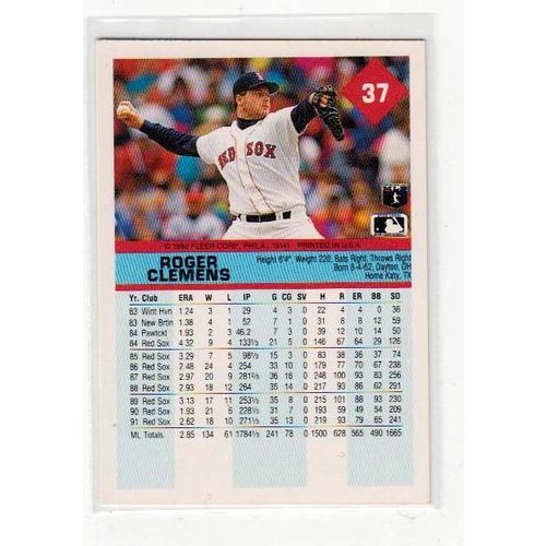 1992 Fleer Roger Clemens baseball card #37 –Red Sox