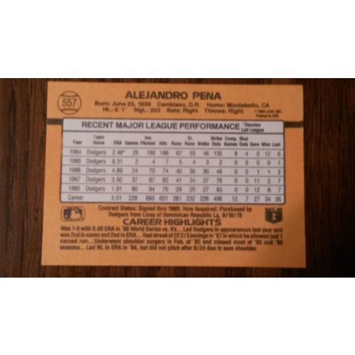 1989 Donrus Card # 557 Alejandro Pena Excellent (5) Los Angeles Dodgers