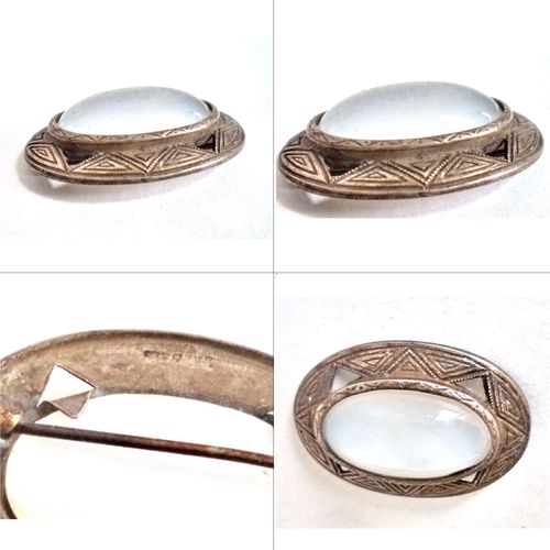 Antique Art Deco Sterling Silver Brooch Pin Engraved White Moonstone Oval Brooch