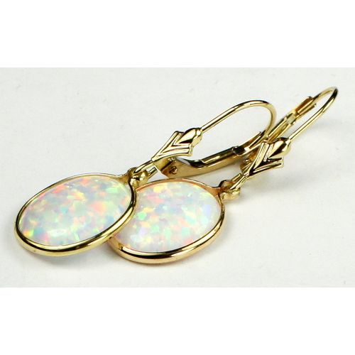 Created White Opal, 14KY Gold Leverback Earrings, E201
