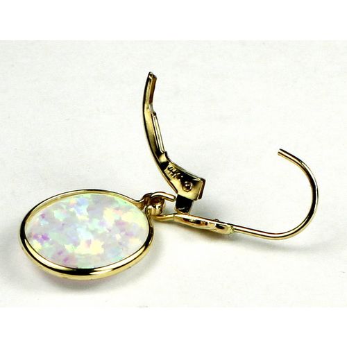 Created White Opal, 14KY Gold Leverback Earrings, E201