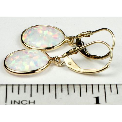 Created White Opal, 14KY Gold Leverback Earrings, E201