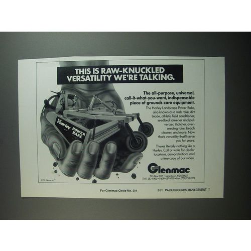 1991 Glenmac Harley Landscape Power Rake Ad - This is raw-knuckled versatility