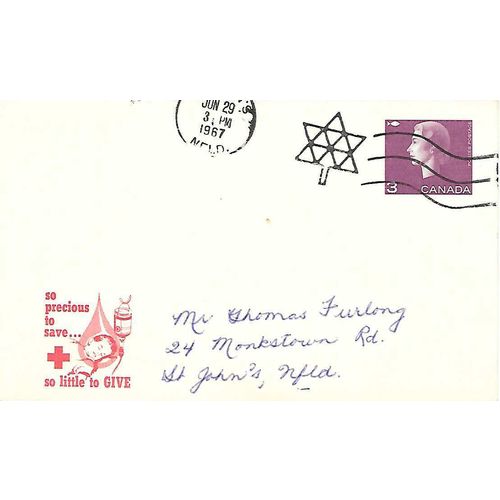 Canada #P94 Red Cross Postal Card, Cameo, USED 1967, Blood Donor reminder