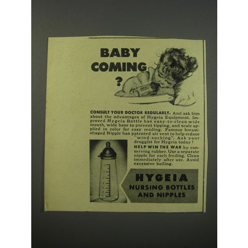 1943 Hygeia Nursing Bottles and Nipples Ad - Baby coming?