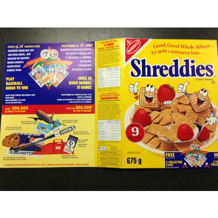 Nabisco Shreddies Cereal box featuring baseball collector cards prizes