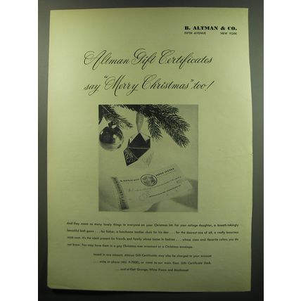 1949 B. Altman & Co. Gift Certificates Ad - Say Merry Christmas too!