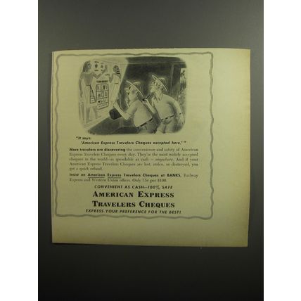 1951 American Express Travelers Cheques Ad - cartoon by Richard Taylor