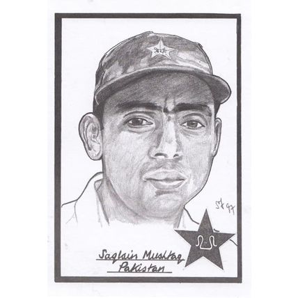 Saqlain Mushtaq Pakistan Cricket Artist Drawing Limited Edn of 500 Postcard