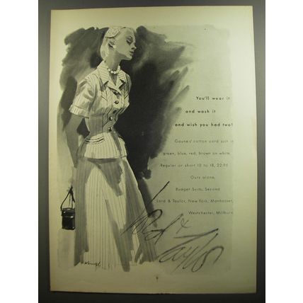 1952 Lord & Taylor Gayne's Cotton Cord Suit Ad - You'll wear it and wash it