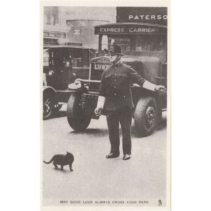 Policeman Shows Black Cat Crossing Road Comic Advertising Postcard