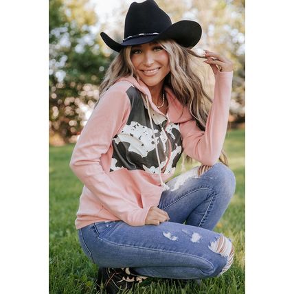 Pink Cow Spots Patchwork Half Zip Drawstring Hoodie