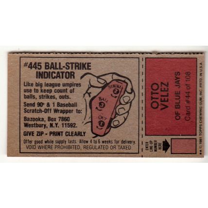 1981 Topps Scratch-Off Otto Velez #44 baseball card –Scratchoff