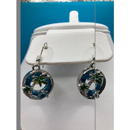 Sea Life Necklace Earring Set Sea Turtle Coconut Tree Blue Round #820