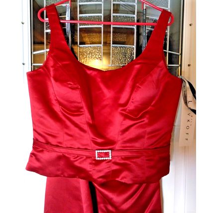 Bill Levkoff European Red Satin 2Pc Full Maxi Skirt Crop Top Rhinestone S-16 NEW