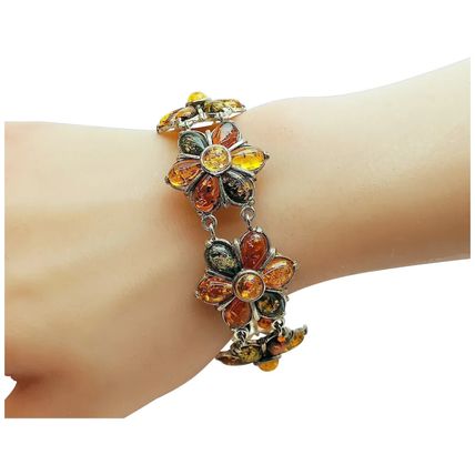 Vintage Polish Valerio 925 Sterling Silver Baltic Amber Chunky Flower Bracelet