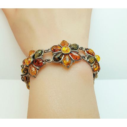 Vintage Polish Valerio 925 Sterling Silver Baltic Amber Chunky Flower Bracelet