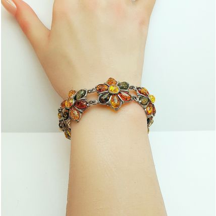 Vintage Polish Valerio 925 Sterling Silver Baltic Amber Chunky Flower Bracelet
