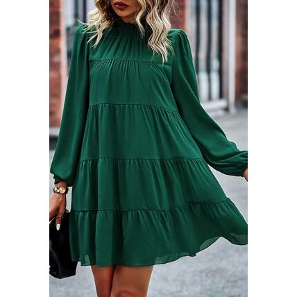Green Puff Sleeve Mock Neck Back Knot Tiered Dress