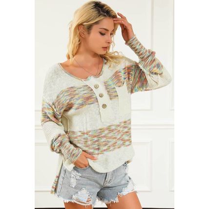 Multicolor Space Dye Henley Knit Sweater