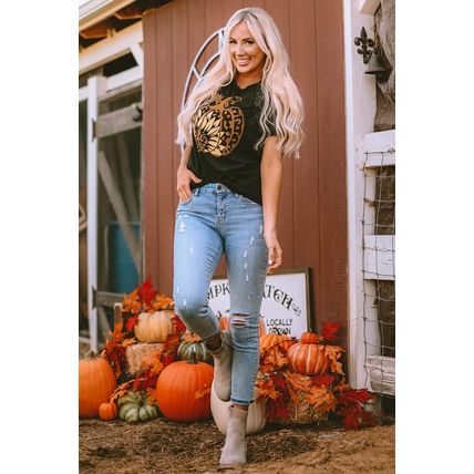 Black Halloween Sunflower Pumpkin Graphic Tee