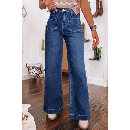 Sail Blue Wide Leg Pocketed High Waist Jeans